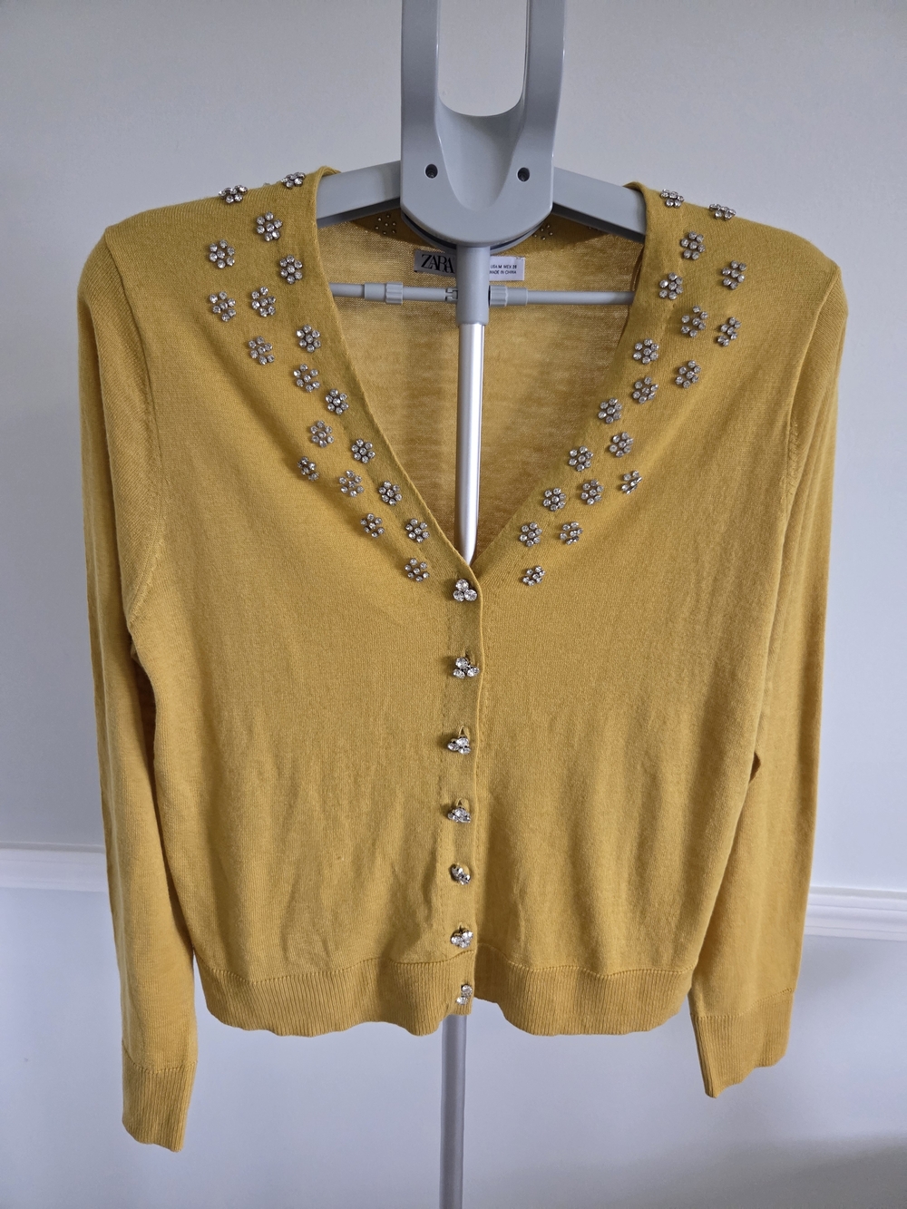 Zara Yellow Jeweled V-Neck Cardigan
